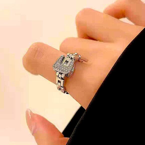 Adjustable Silver Chain Buckle Rhinestone Ring - Picture 6 of 12